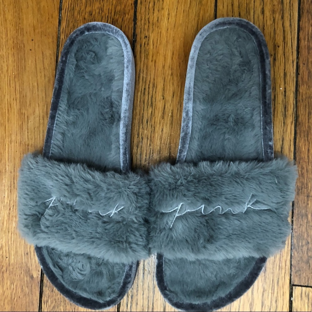 PINK Victoria's Secret Grey Faux Fur Logo Slides Slippers Size